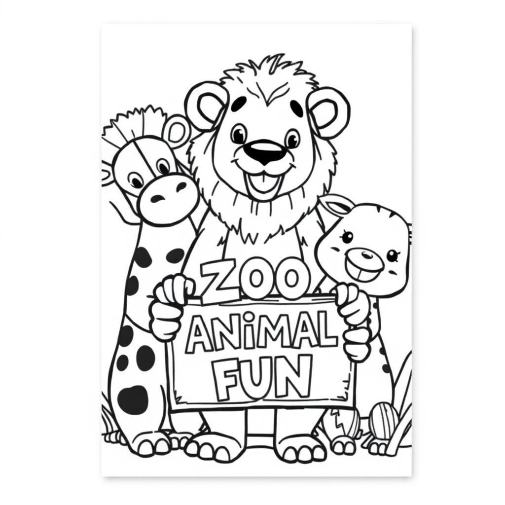Cover page of friendly cute zoo animals with one of them holding a sign that says "ZOO ANIMAL FUN"
