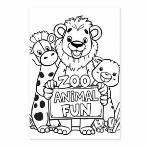 Cover page of friendly cute zoo animals with one of them holding a sign that says "ZOO ANIMAL FUN"