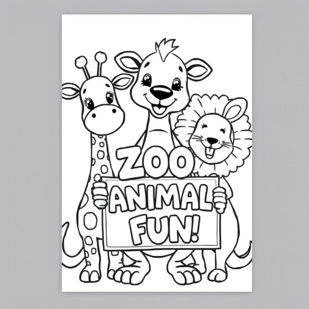 Cover page of a cute and friendly giraffe, kangaroo, and lion with one of them holding a sign that says "ZOO ANIMAL FUN" in bubbly font