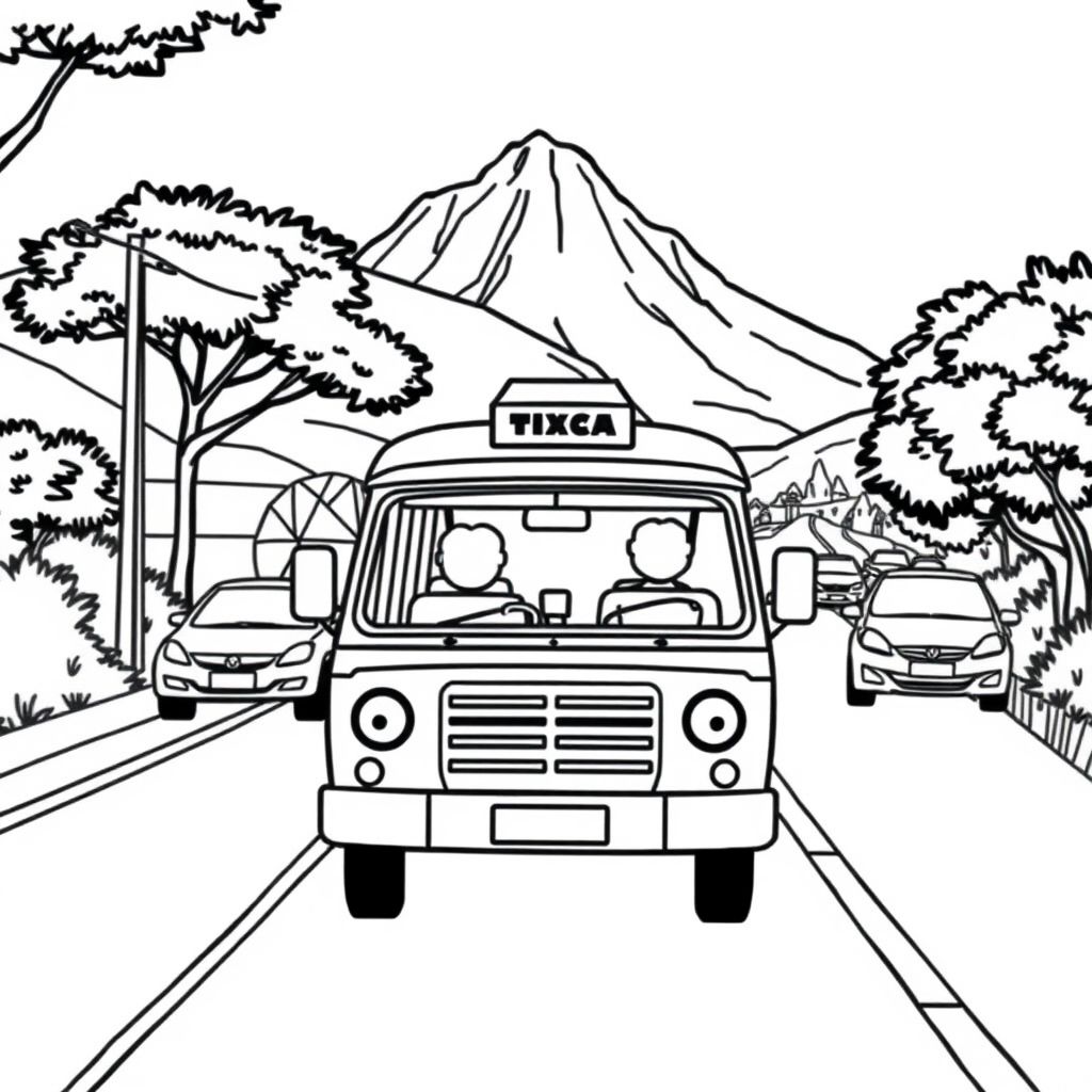 Minibus taxi on a busy South African road, with mountain in the background, cartoon-style outline drawing