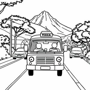 Minibus taxi on a busy South African road, with mountain in the background, cartoon-style outline drawing
