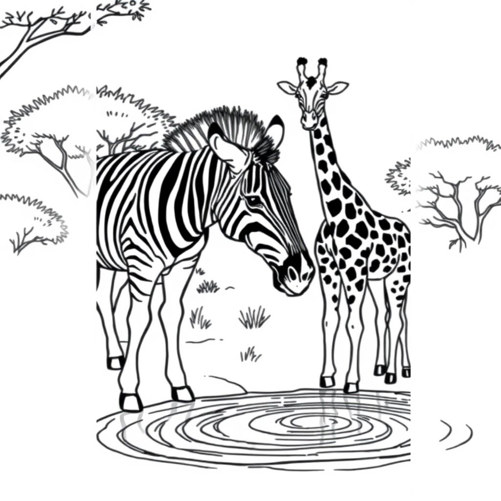 A zebra and giraffe drinking water at a bushveld watering hole