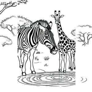 A zebra and giraffe drinking water at a bushveld watering hole