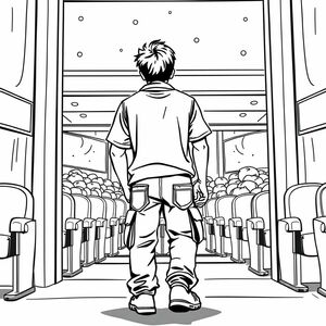 View from behind as a Mexican teen male, wearing cargo pants walks into a movie theater with candy wrappers sticking out of every pocket, candy wrappers in every pocket, movie theater 