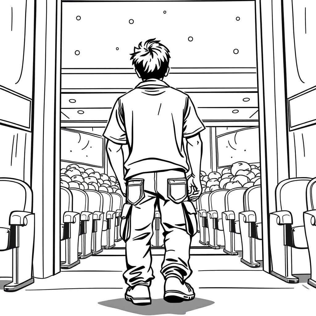 View from behind as a Mexican teen male, wearing cargo pants walks into a movie theater with candy wrappers sticking out of every pocket, candy wrappers in every pocket, movie theater 