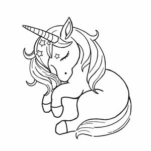 A unicorn curled up sleeping with stars in its mane.