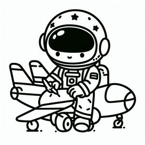 A black and white drawing of an astronaut sitting on a plane