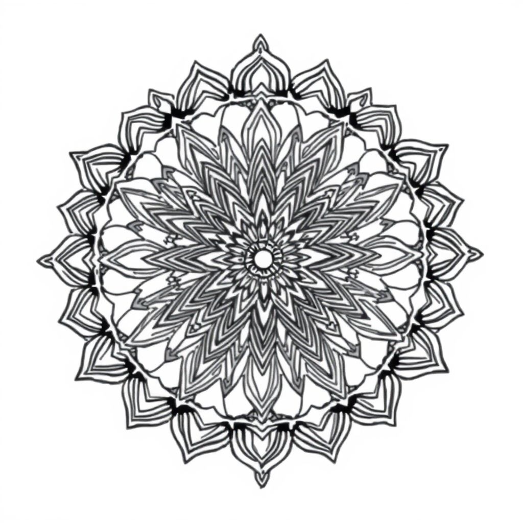 Intricate geometric mandala, centered, symmetric, black line art on white background, stress relief design