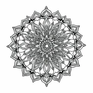 Intricate geometric mandala, centered, symmetric, black line art on white background, stress relief design