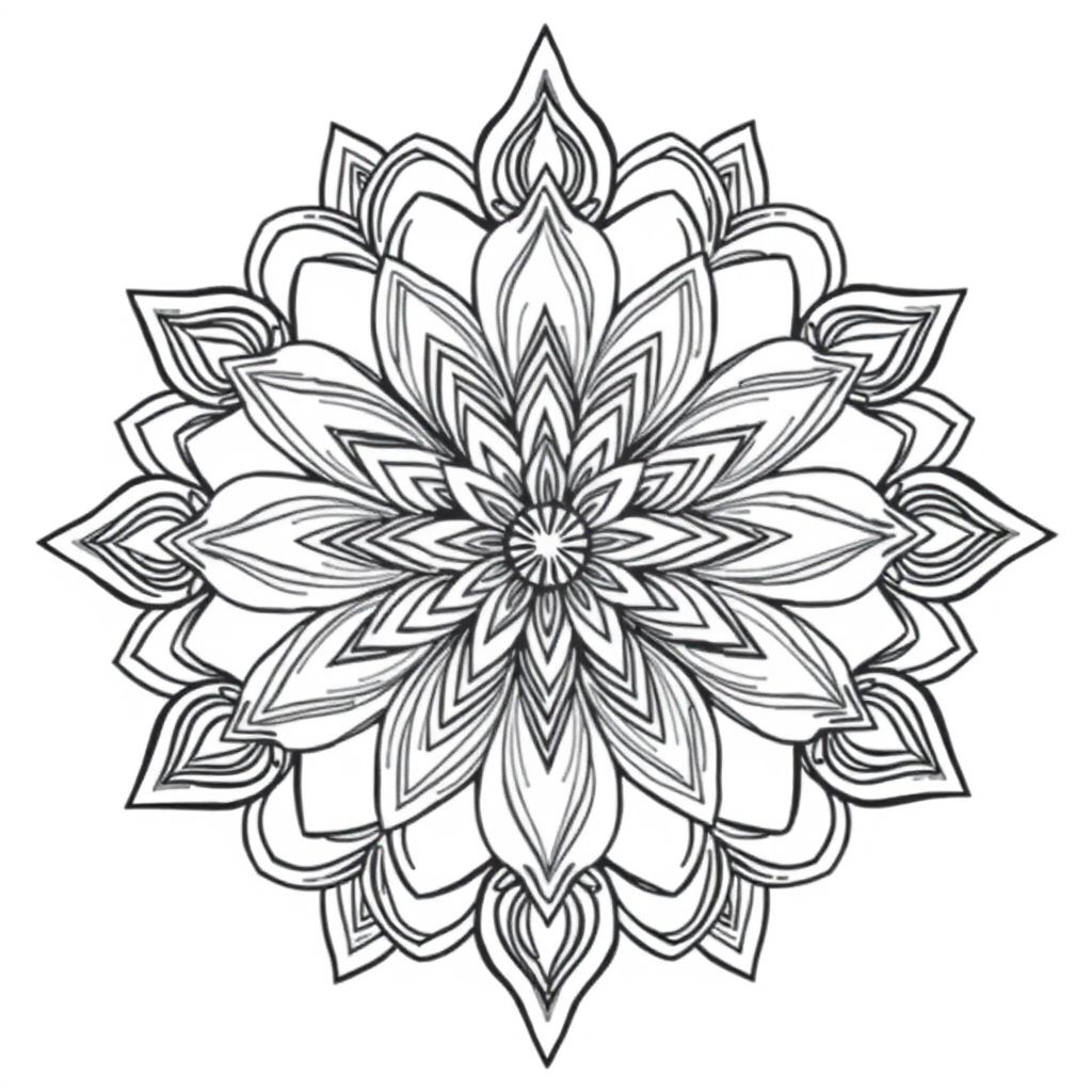 Mandala thanh lịch với hoa sen và hoa đối xứng, để tô màu chánh niệm, nghệ thuật đường nét chi tiết