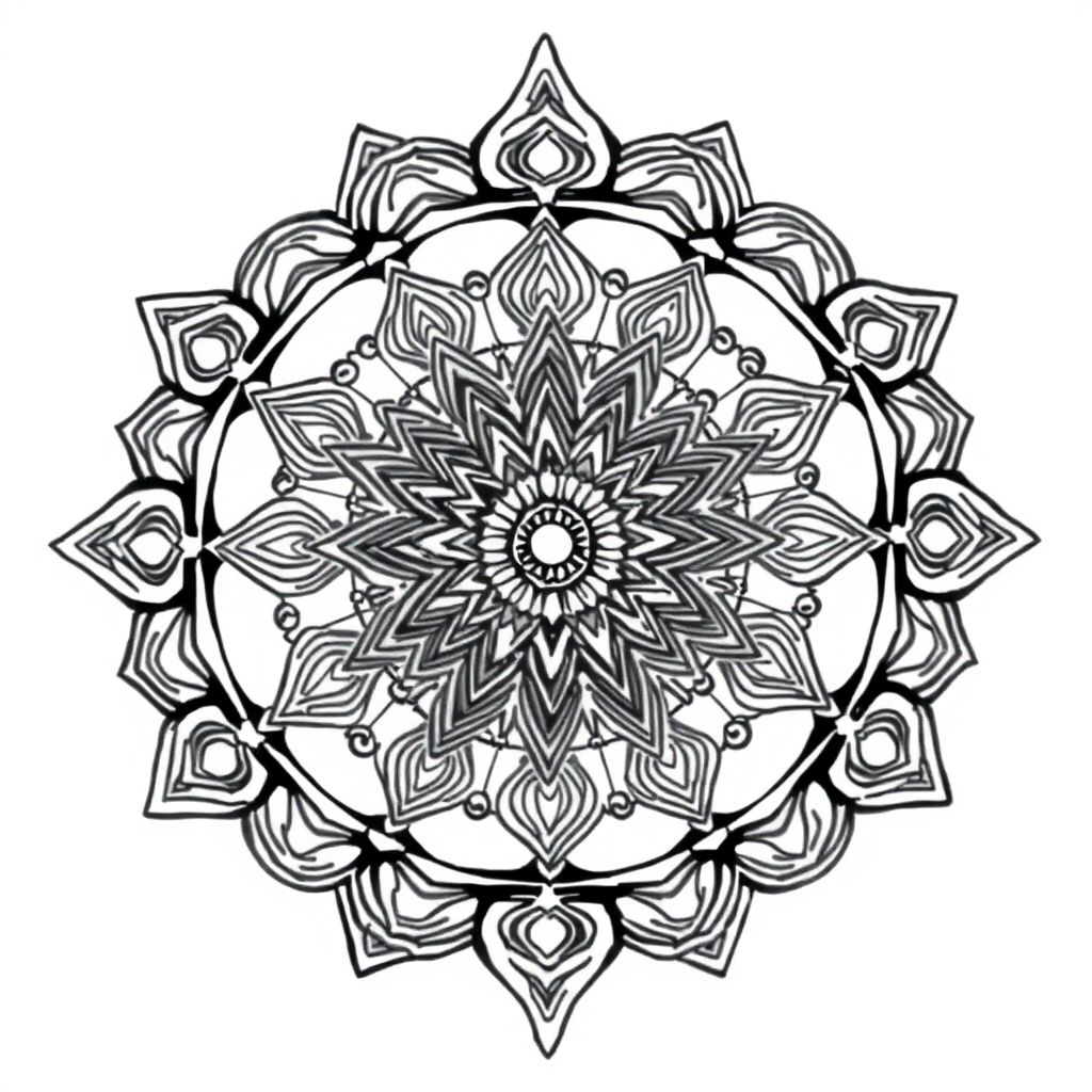 Mandala inspired by sacred geometry and spirals, peaceful pattern, black and white ink