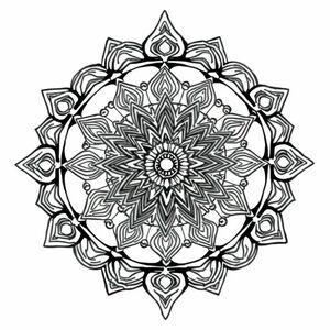 Mandala inspired by sacred geometry and spirals, peaceful pattern, black and white ink