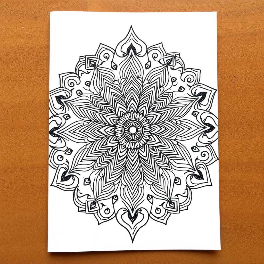 Mandala with detailed tribal and henna-style patterns, ink on white paper
