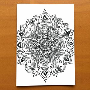 Mandala with detailed tribal and henna-style patterns, ink on white paper
