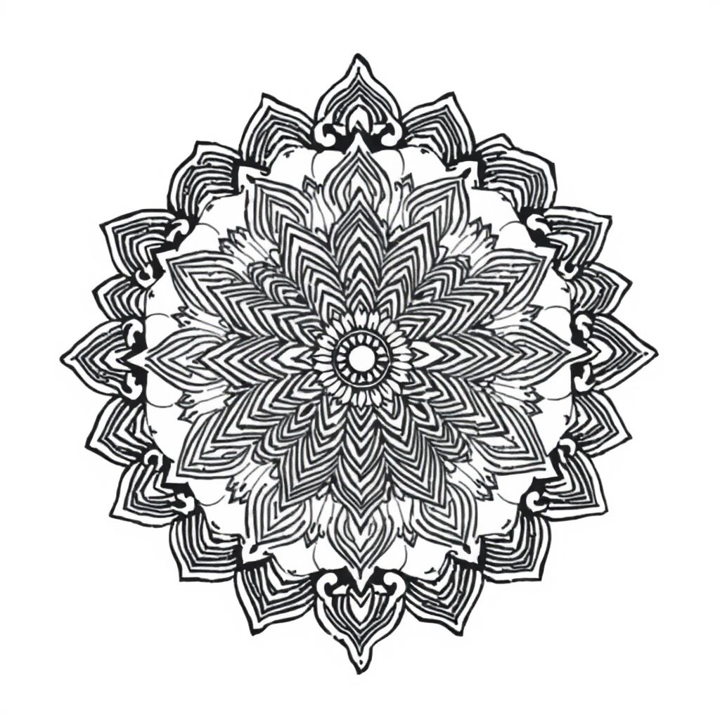 Mandala with detailed tribal and henna-style patterns.