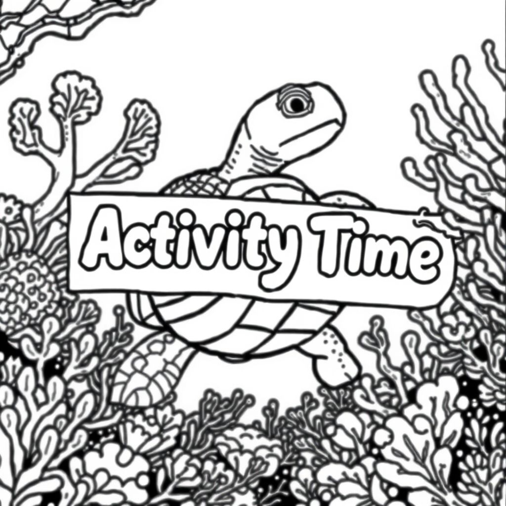 A profile view of a turtle, holding a sign with "Activity Time" written in white bubble letters, in profile, in a underwater coral reef kingdom, surrealist style