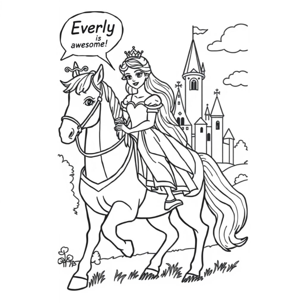 A beautiful princess riding a horse with a castle in the background. Have a speech bubble coming from the princess mouth saying "Everly is awesome!".