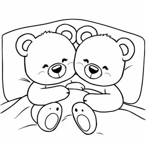 Two twin smiling teddy bears snuggling in bed.
