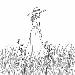 a woman wearing a white dress and sun hat is standing in a meadow, flowers blooming near her knees as the wind sways through the long grass. anime/manga style