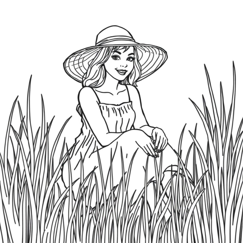 a woman with a sun hat and a white dress is sitting in the field, the long grass tickling her toes as she smirked at the camera 