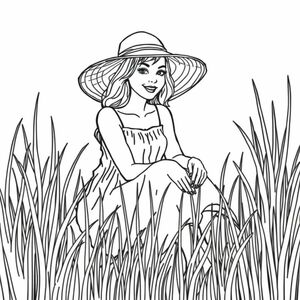 a woman with a sun hat and a white dress is sitting in the field, the long grass tickling her toes as she smirked at the camera 