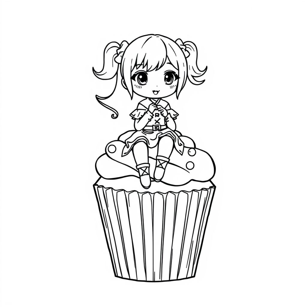 chibi woman sitting down on a cupcake as she is dressed up like a sweet themed pop star, manga/anime style and bold lines