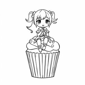 chibi woman sitting down on a cupcake as she is dressed up like a sweet themed pop star, manga/anime style and bold lines