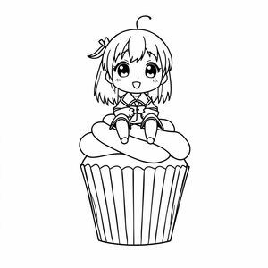chibi sitting down on a cupcake as she is dressed up high school anime girl, manga/anime style and bold lines
