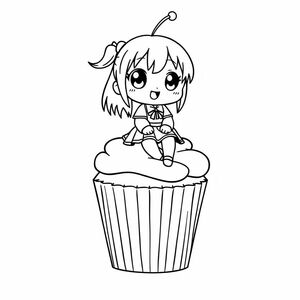 chibi sitting down like the cherry on top of a cupcake, she is dressed up high school anime girl, manga/anime style and bold lines