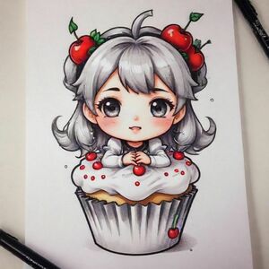 chibi sitting down on a cherry that is top of a cupcake covered in sprinkles, she is dressed up high school anime girl, manga/anime style and bold lines