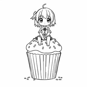 chibi sitting down that is top of a cupcake covered in sprinkles, she is dressed up high school anime girl, manga/anime style and bold lines