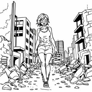 zombie woman, destroyed city around her as she walks aimlessly through, yet she is dressed in a tank top and a mini skirt, manga/anime style
