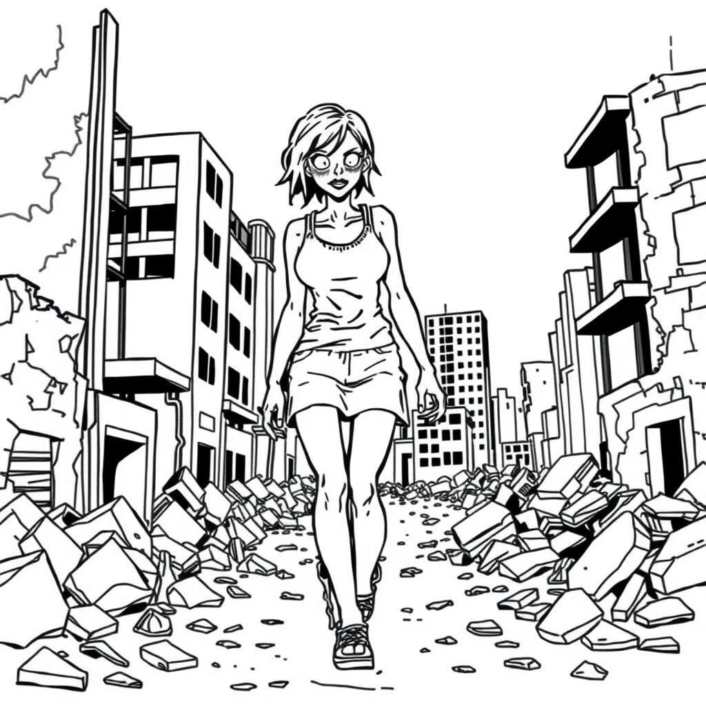 zombie woman, destroyed city around her as she walks aimlessly through, yet she is dressed in a tank top and a mini skirt, manga/anime style