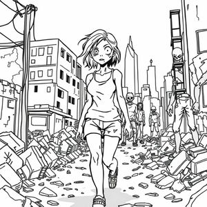 zombie woman, destroyed city around her as she walks aimlessly through, she is dressed in a tank top and a pair of shorts. male zombies stare in awe but at a distance manga/anime style