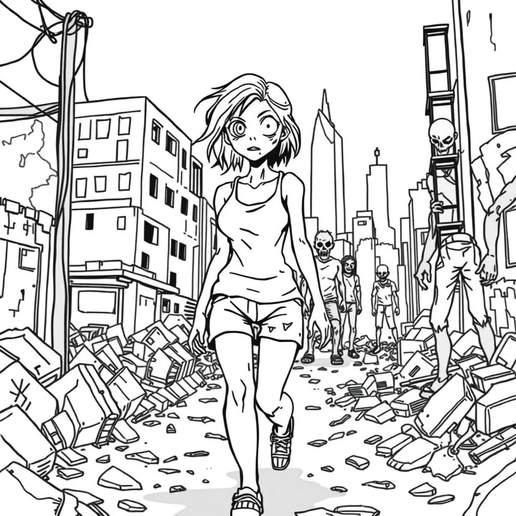 zombie woman, destroyed city around her as she walks aimlessly through, she is dressed in a tank top and a pair of shorts. male zombies stare in awe but at a distance manga/anime style