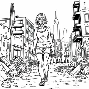 zombie woman, destroyed city around her as she walks through, she is dressed in a tank top and a pair of shorts. male zombies stare in awe at a distance manga/anime style