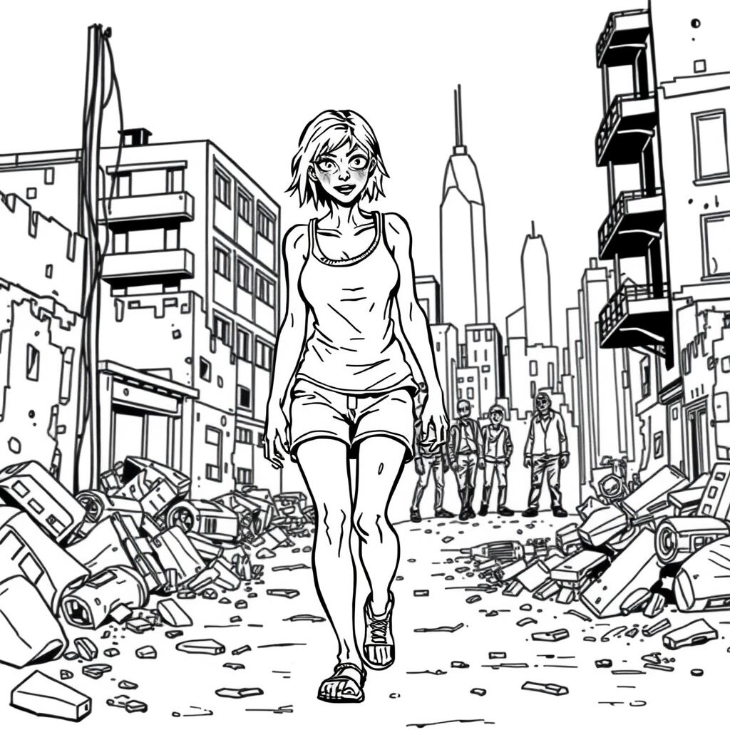 zombie woman, destroyed city around her as she walks through, she is dressed in a tank top and a pair of shorts. male zombies stare in awe at a distance manga/anime style