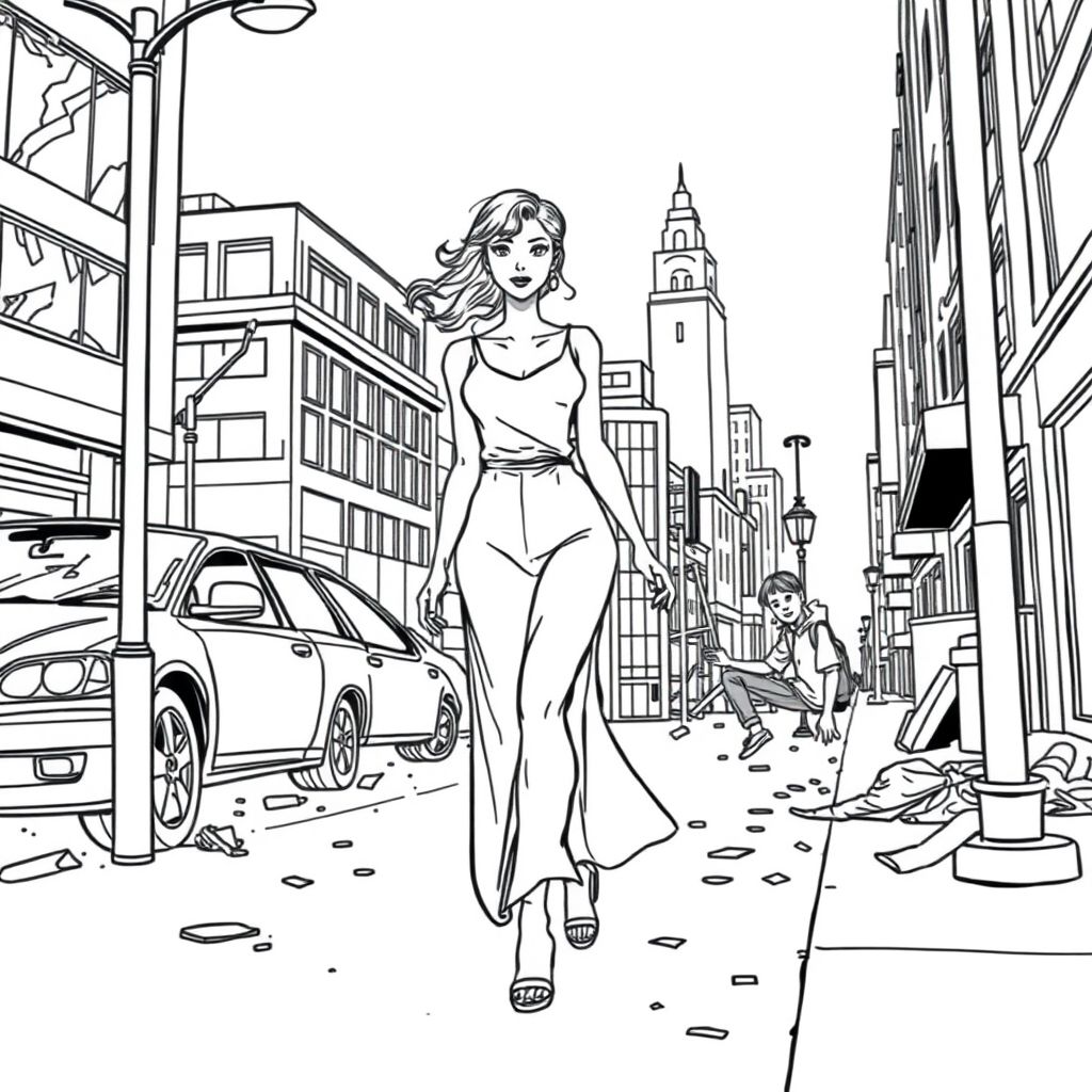 manga/anime style: woman walking down the street, looking graceful as she doesn't notice the destruction around her. a car crashed, a person hitting the pole, ect