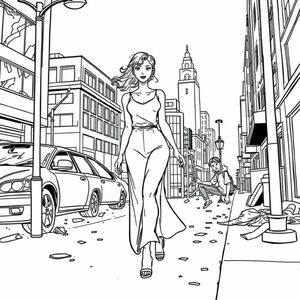 manga/anime style: woman walking down the street, looking graceful as she doesn't notice the destruction around her. a car crashed, a person hitting the pole, ect