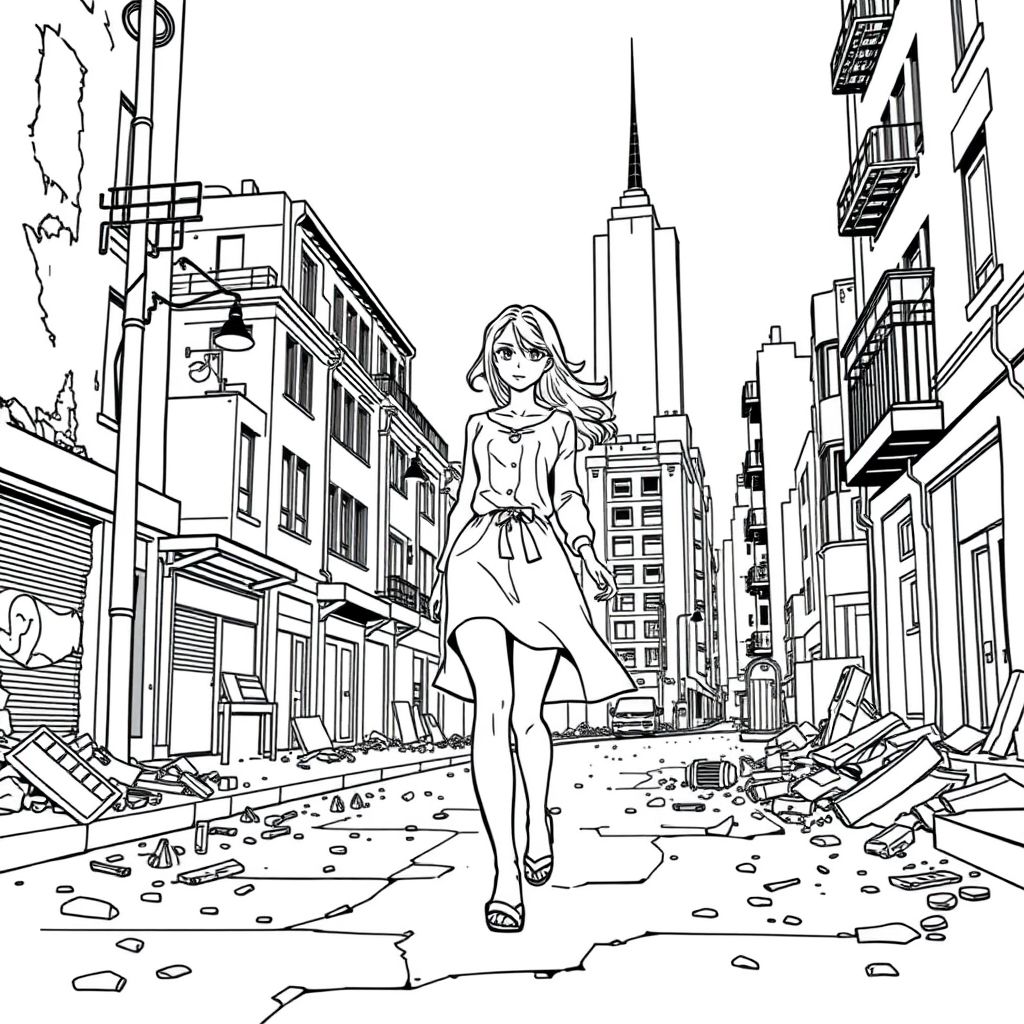 manga/anime style: woman walking down the street, looking graceful as she doesn't notice the destruction around her. 