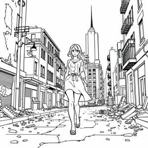 manga/anime style: woman walking down the street, looking graceful as she doesn't notice the destruction around her. 