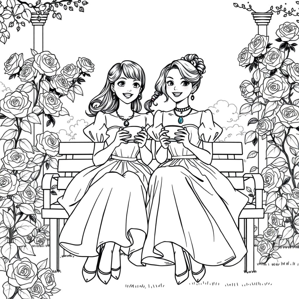 manga/anime style: two woman sitting happily and dressed fancy, poofy dresses with jewelry. drinking tea outside, in what seems to be a grand garden of roses