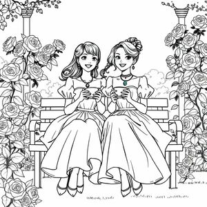 manga/anime style: two woman sitting happily and dressed fancy, poofy dresses with jewelry. drinking tea outside, in what seems to be a grand garden of roses