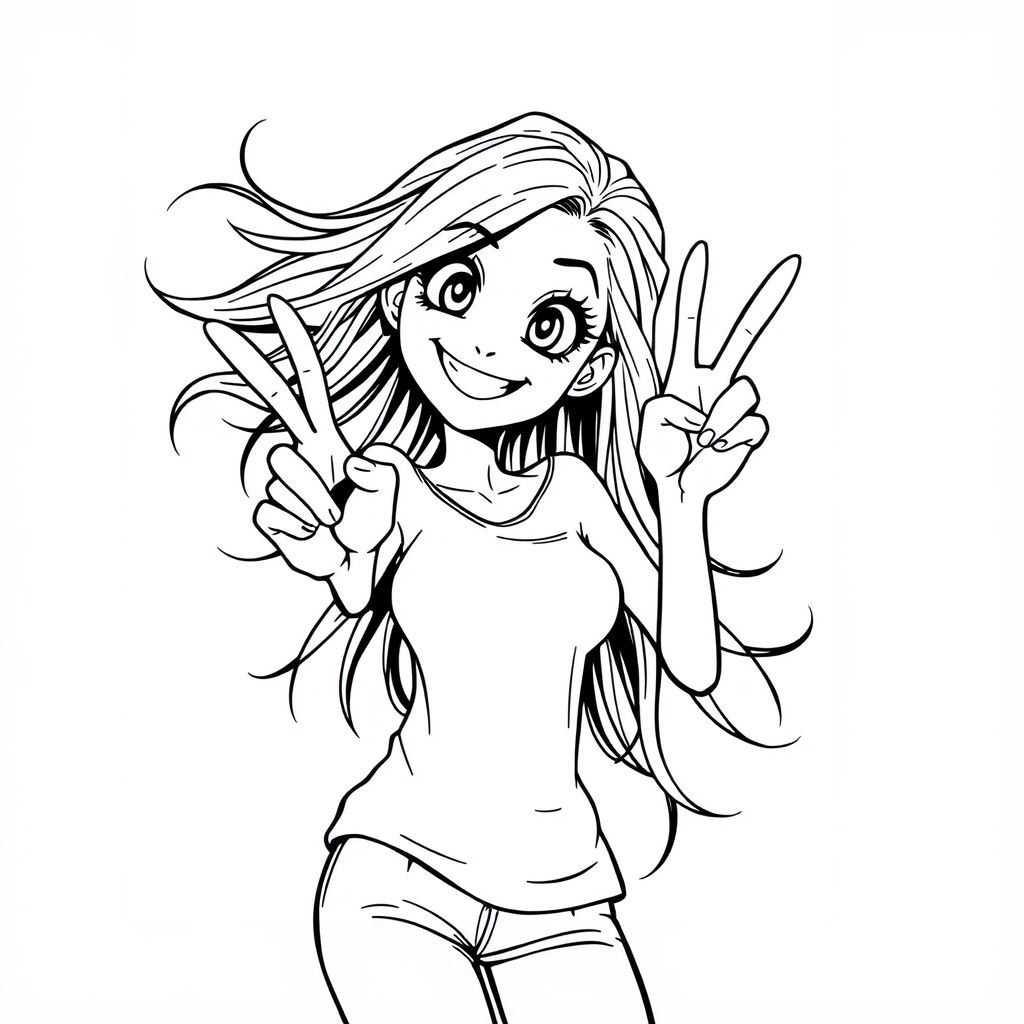 manga/anime style: a woman posing with a peace sign. her limps thin and exaggerated in a cartoonish manner, her eyes big, her smile cheesy, her hair is long and wild
