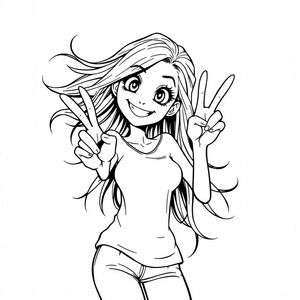 manga/anime style: a woman posing with a peace sign. her limps thin and exaggerated in a cartoonish manner, her eyes big, her smile cheesy, her hair is long and wild
