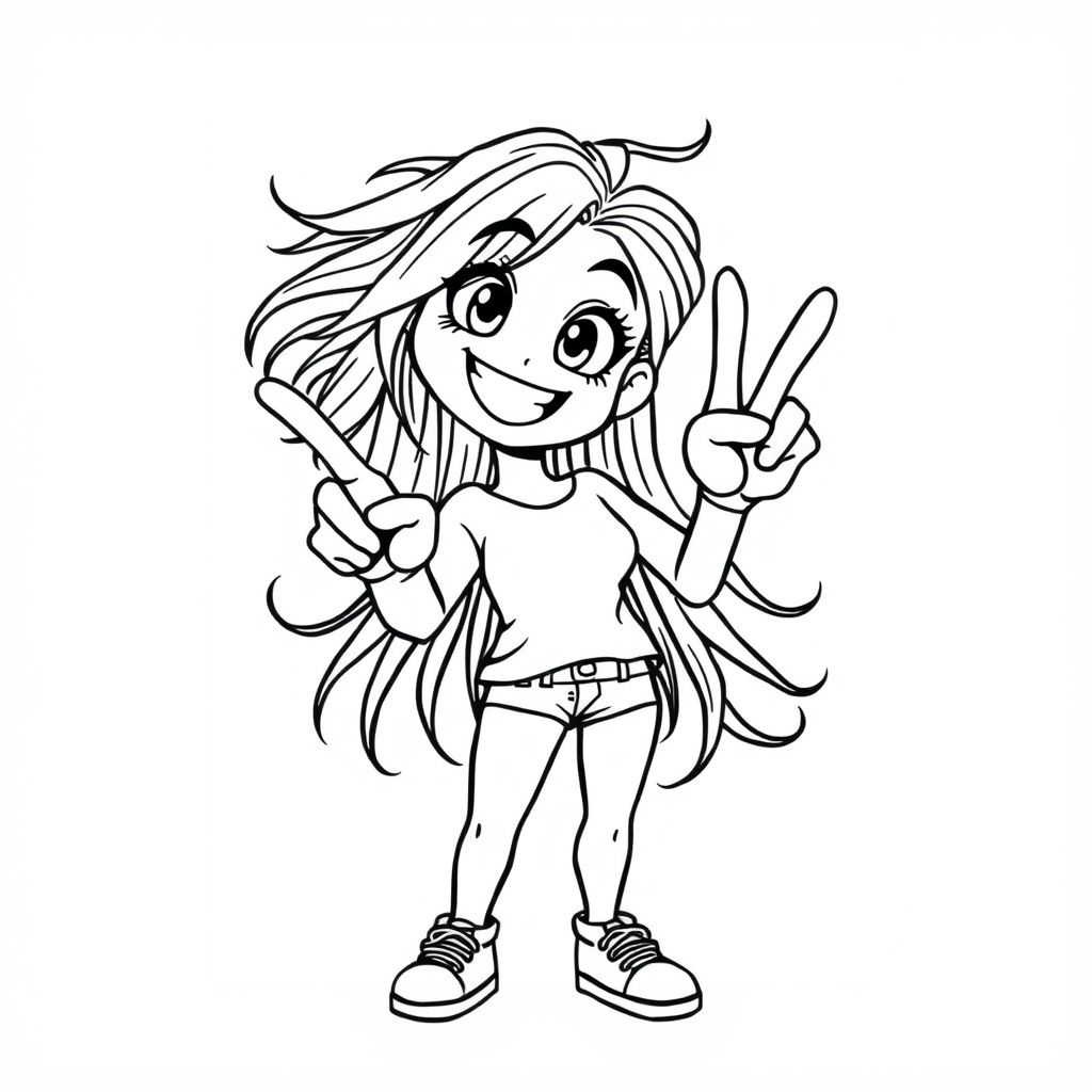 manga/anime style: a woman posing with a peace sign. her limps are exaggerated in a cartoonish manner, her eyes big, her smile cheesy, her hair is long and wild
