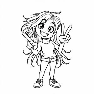 manga/anime style: a woman posing with a peace sign. her limps are exaggerated in a cartoonish manner, her eyes big, her smile cheesy, her hair is long and wild
