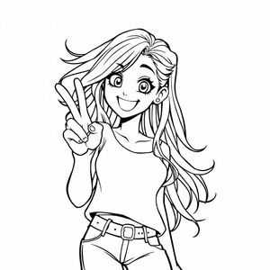 manga/anime style: a woman posing with one peace sign. her limps are exaggerated in a cartoonish manner, her eyes big, her smile cheesy, her hair is long and wild
