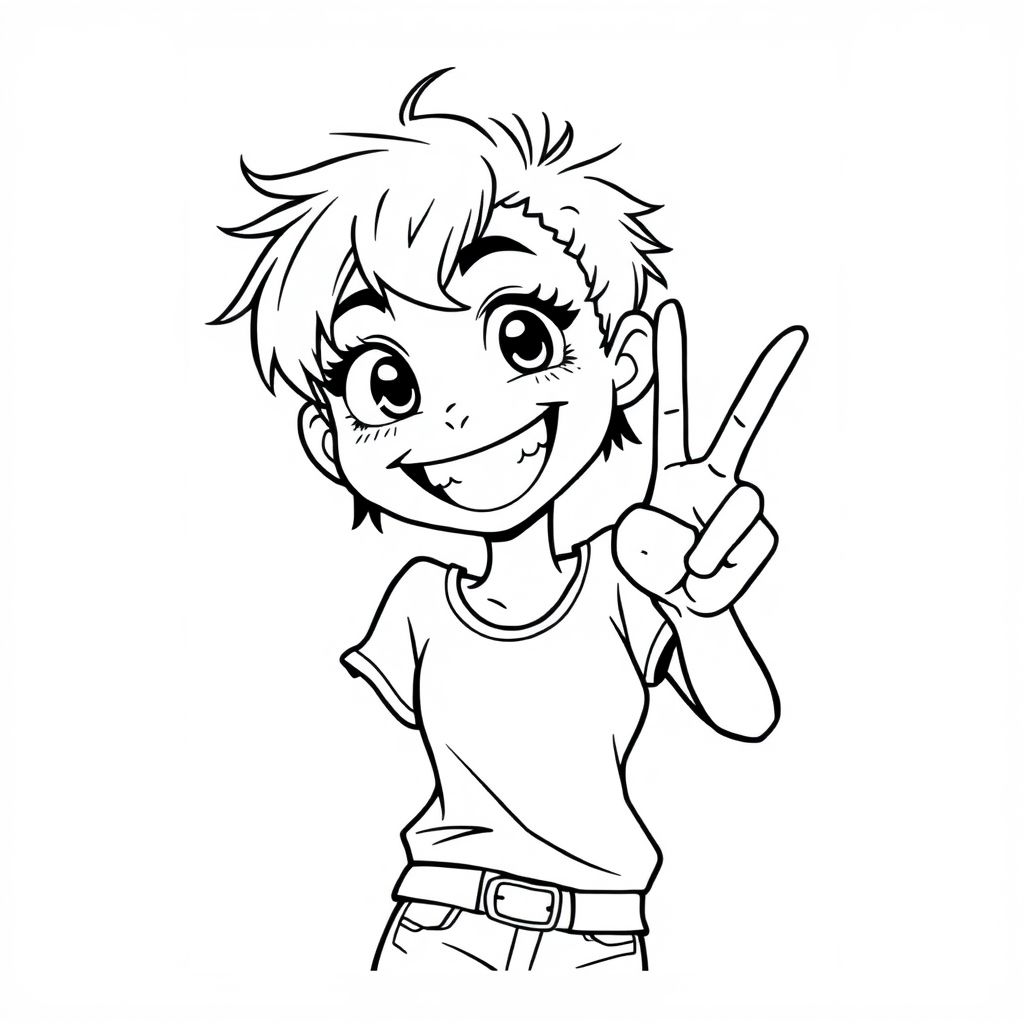 manga/anime style: a woman posing with one peace sign. her limps are exaggerated in a cartoonish manner, her eyes big, her smile cheesy, her hair is short and wild
