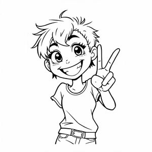 manga/anime style: a woman posing with one peace sign. her limps are exaggerated in a cartoonish manner, her eyes big, her smile cheesy, her hair is short and wild
